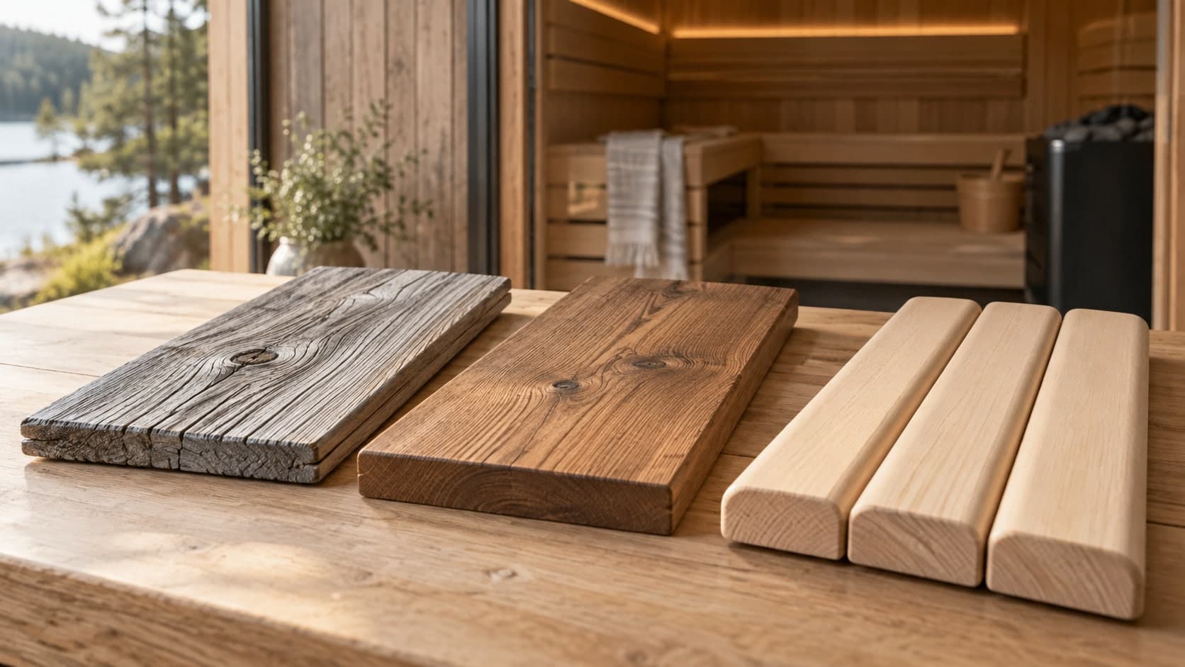 Illustration: Verwittertes Fassadenholz, braunes Holz und helle Saunabankleisten als Materialmuster.