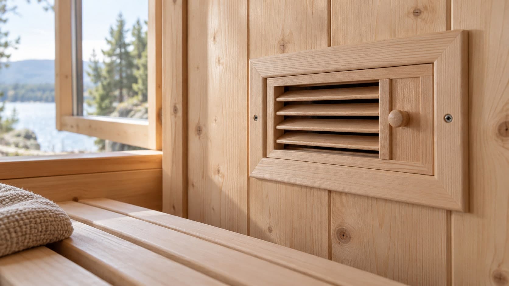 Illustration: Lüftungsschieber in einer Saunawand neben einem geöffneten Fenster.